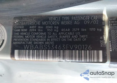 2003 BMW 330Ci z USA, uszkodzony, nr VIN WBABS53463EV90126